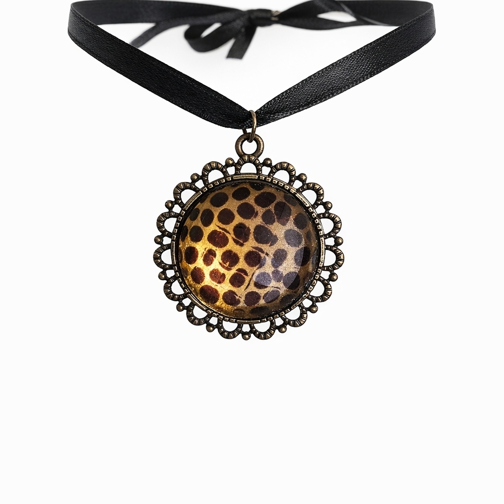 Antique Leopard Print Pendant Necklace On Satin Ribbon